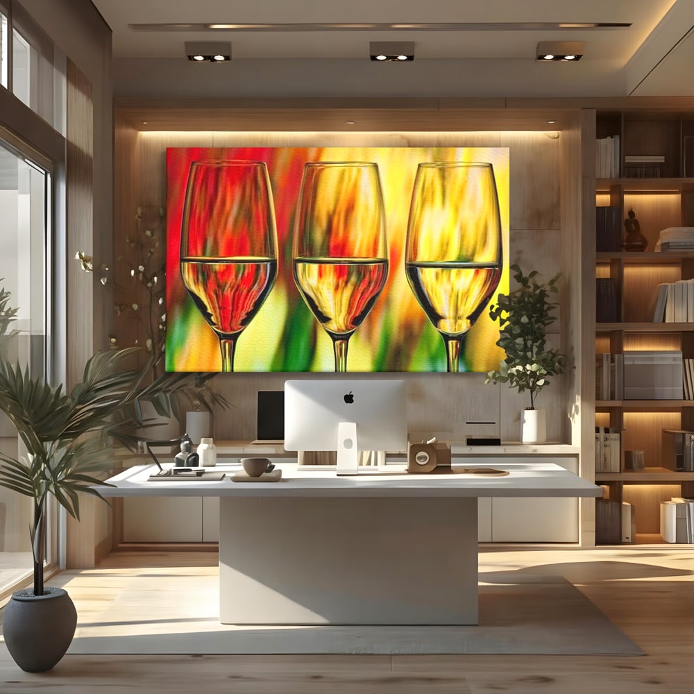 Tablou canvas cu pictura abstracta cu trei pahare de vin, fara rama, pe sasiu de lemn, pe perete intr-un birou